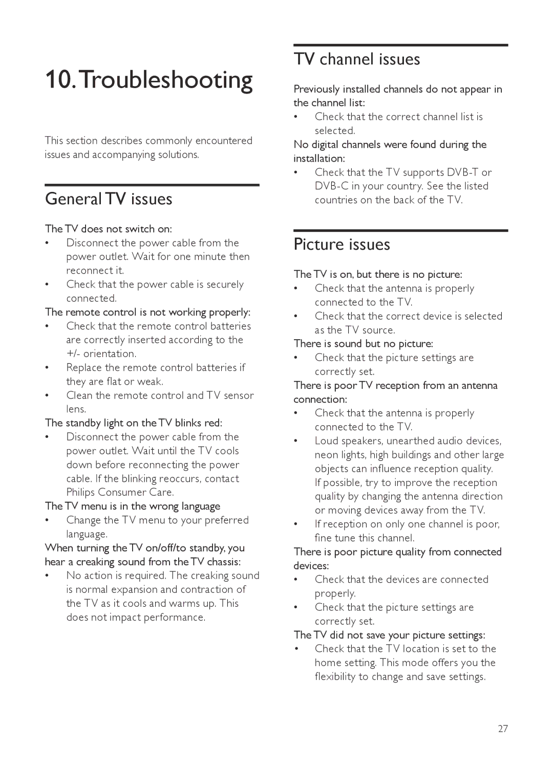 Philips 231T1, 201T1SB/00, 221T1 user manual Troubleshooting, General TV issues, TV channel issues, Picture issues 