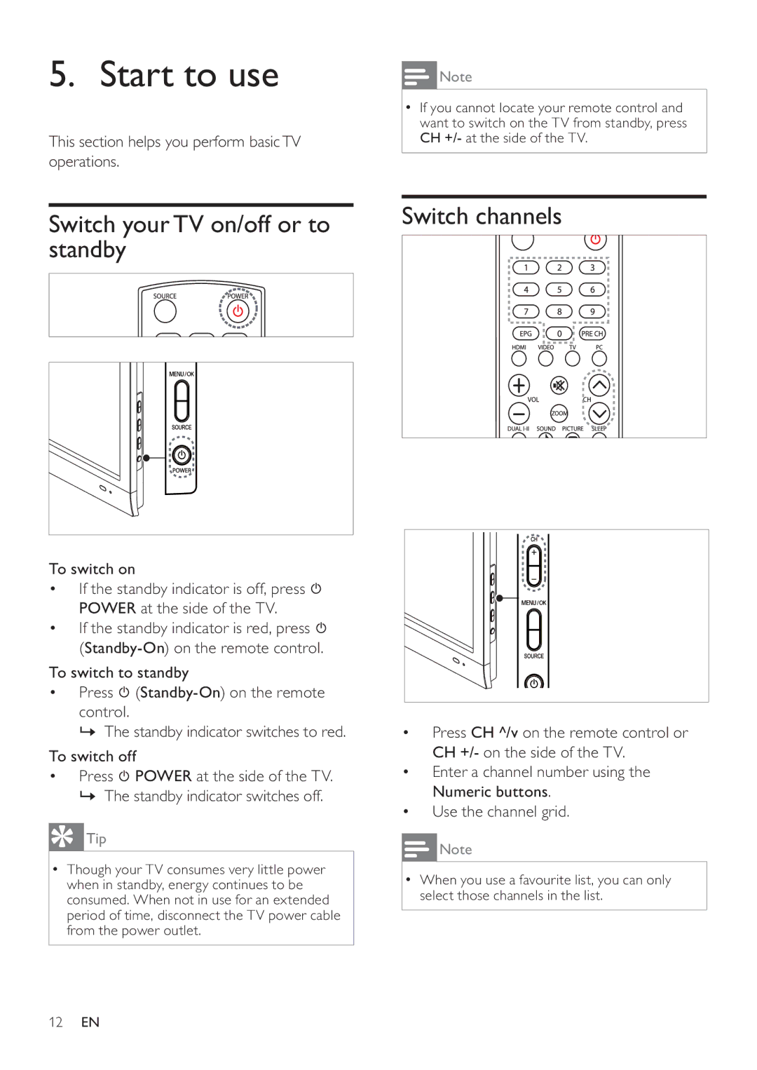 Philips 231T1L user manual Start to use, Switch your TV on/off or to standby Switch channels 