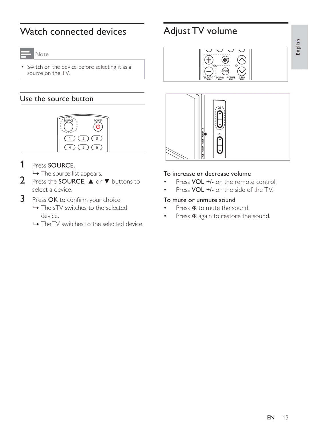 Philips 231T1L user manual Watch connected devices, Adjust TV volume 