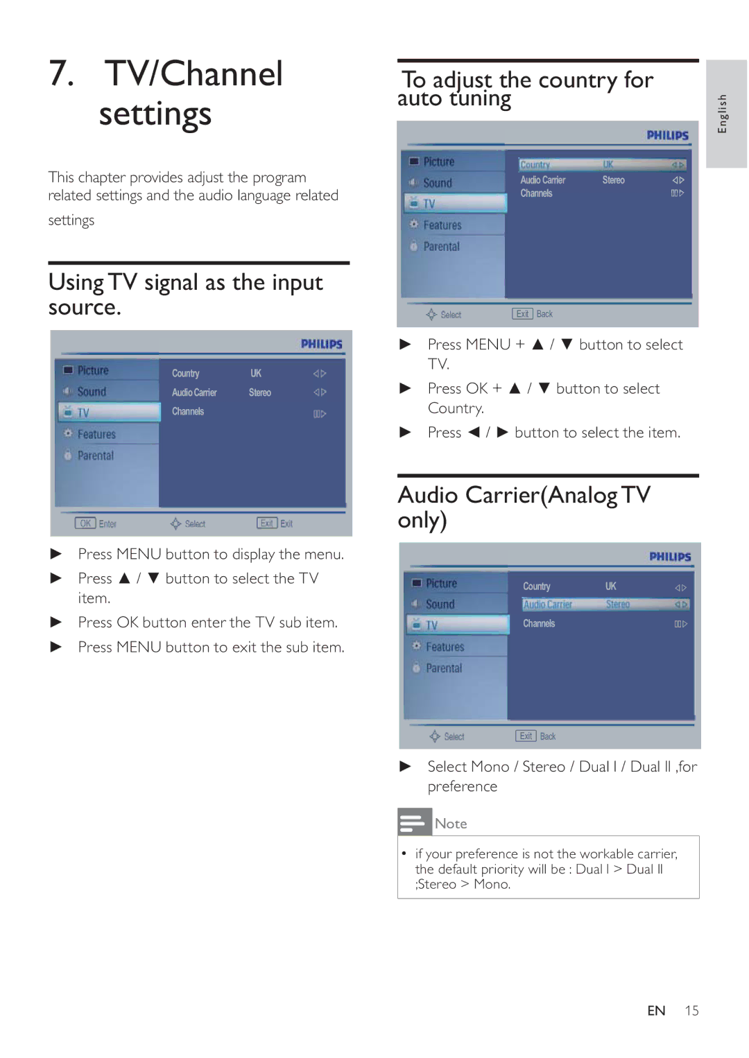 Philips 231T1L Using TV signal as the input source, To adjust the country for auto tuning, Audio CarrierAnalog TV only 