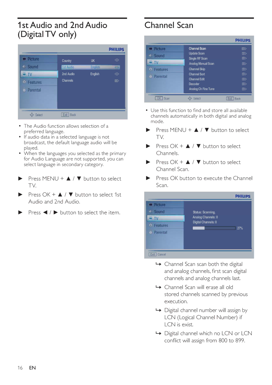 Philips 231T1L user manual 1st Audio and 2nd Audio Digital TV only, Channel Scan scan both the digital 