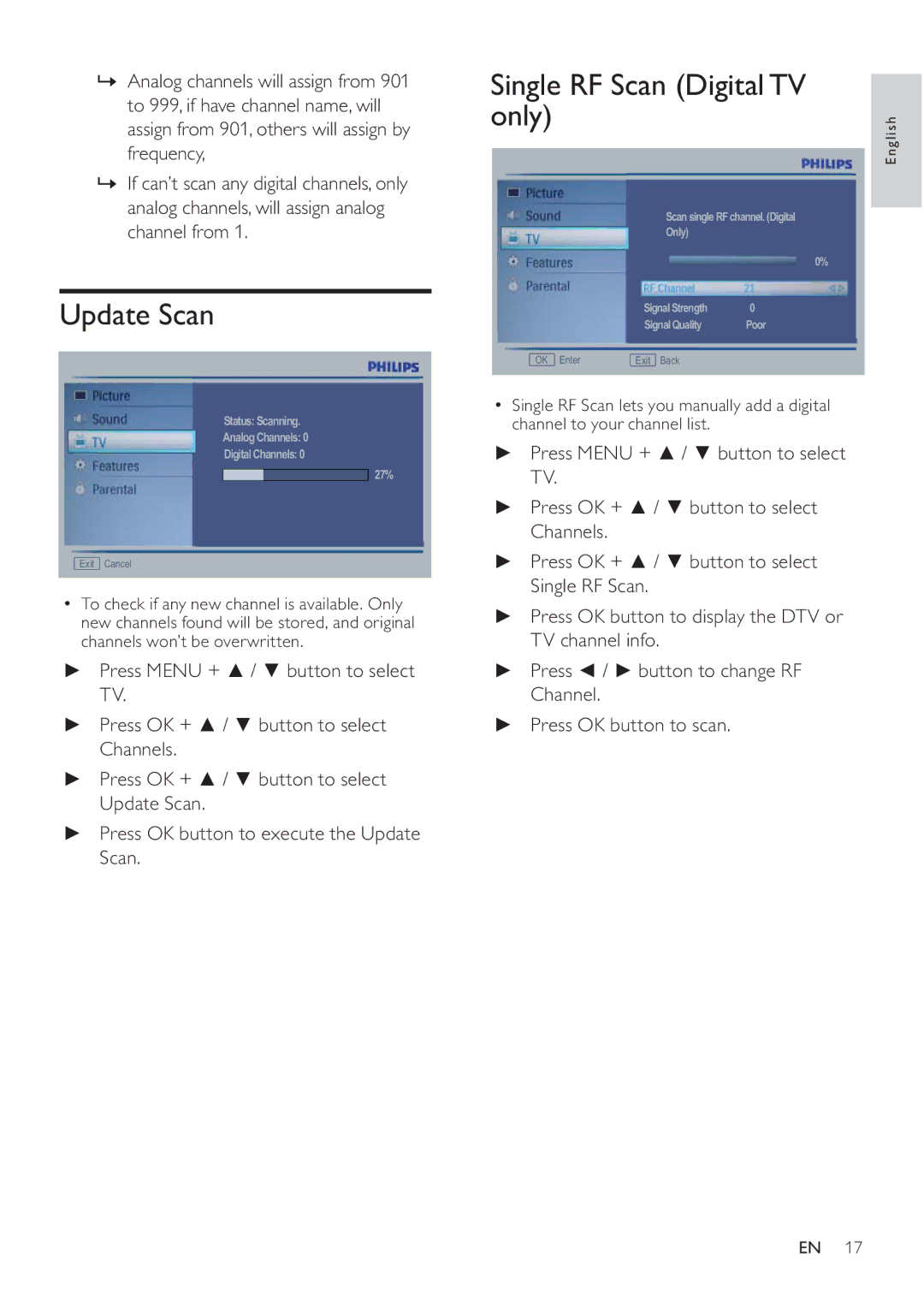 Philips 231T1L user manual Update Scan, Single RF Scan Digital TV only, Channel Press OK button to scan 