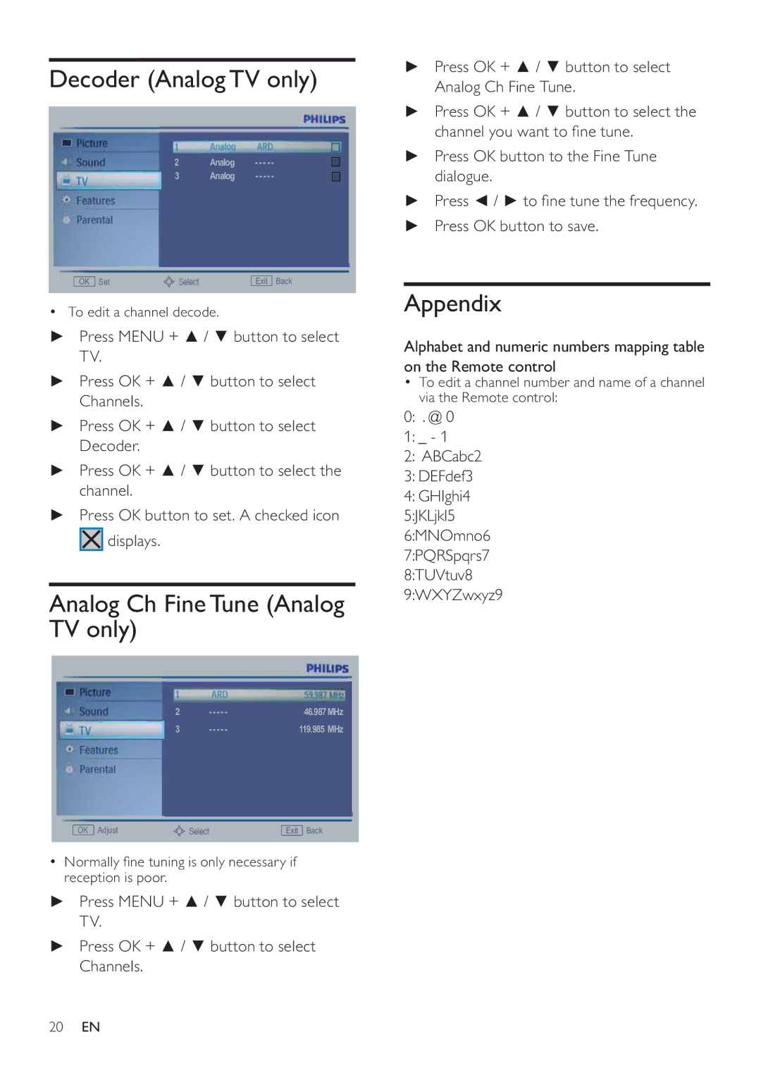 Philips 231T1L user manual Decoder Analog TV only, Analog Ch Fine Tune Analog TV only, Appendix 