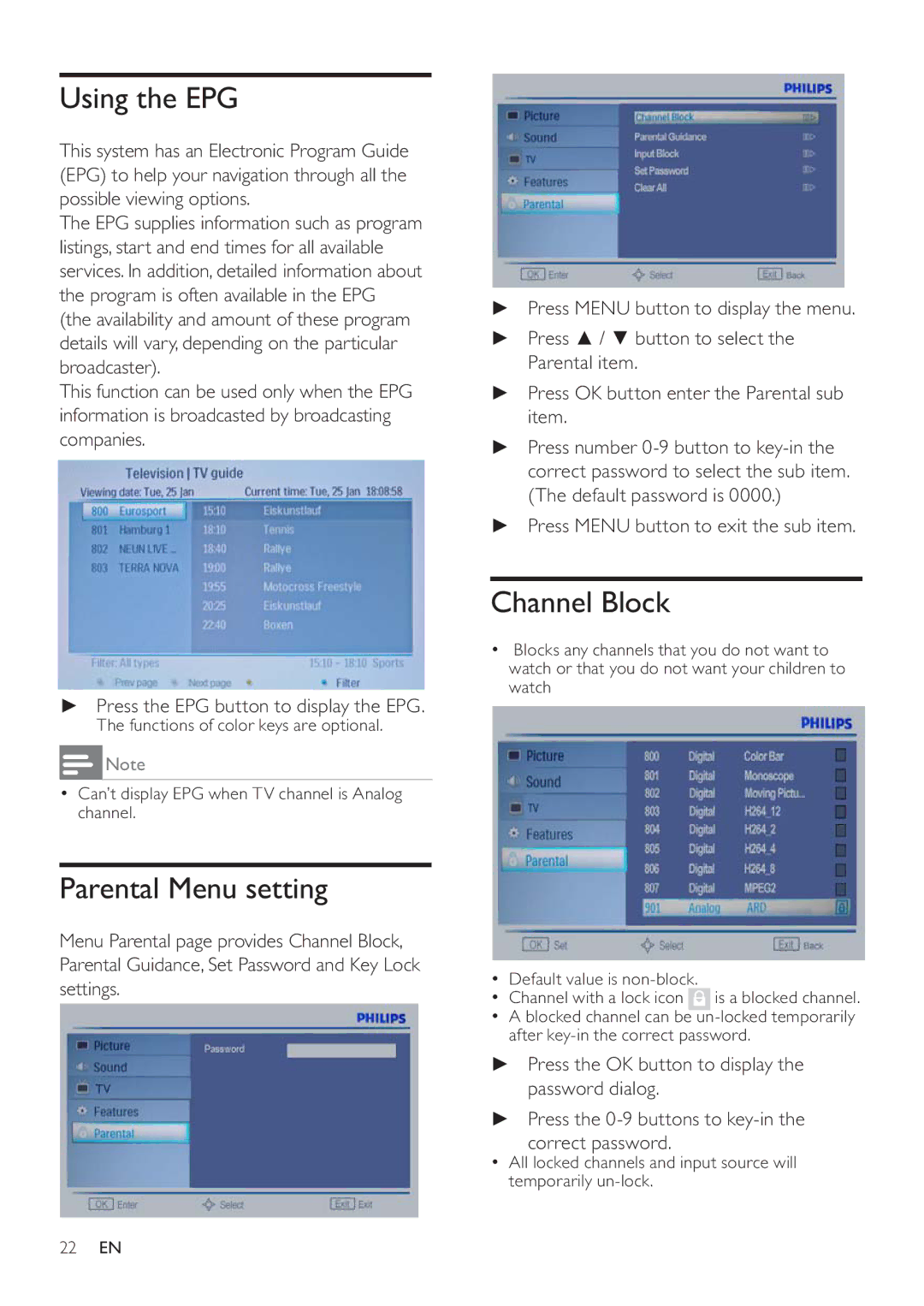 Philips 231T1L user manual Using the EPG, Parental Menu setting, Channel Block 