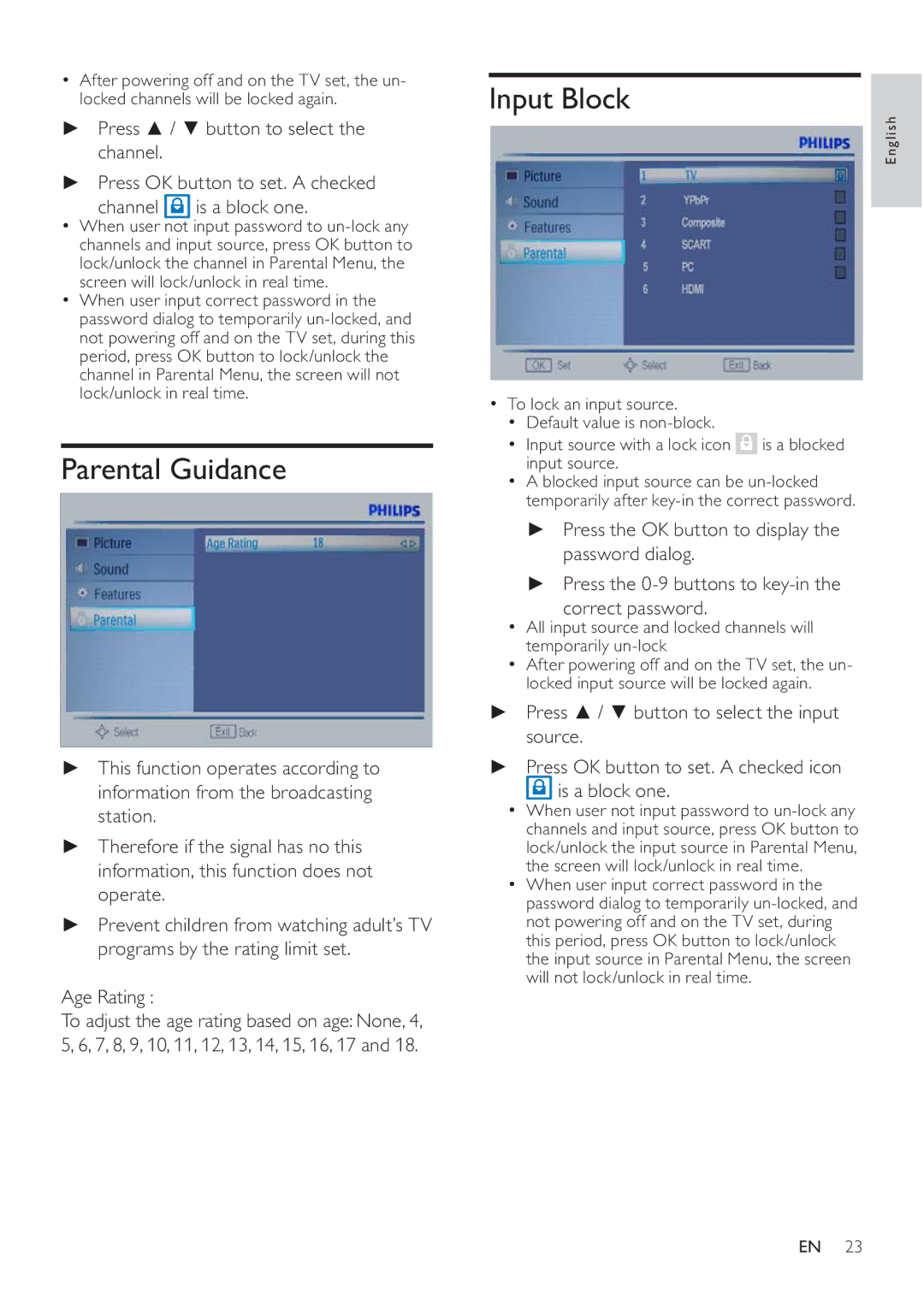Philips 231T1L Parental Guidance, Input Block, Press OK button to set. a checked Channel is a block one, Age Rating 