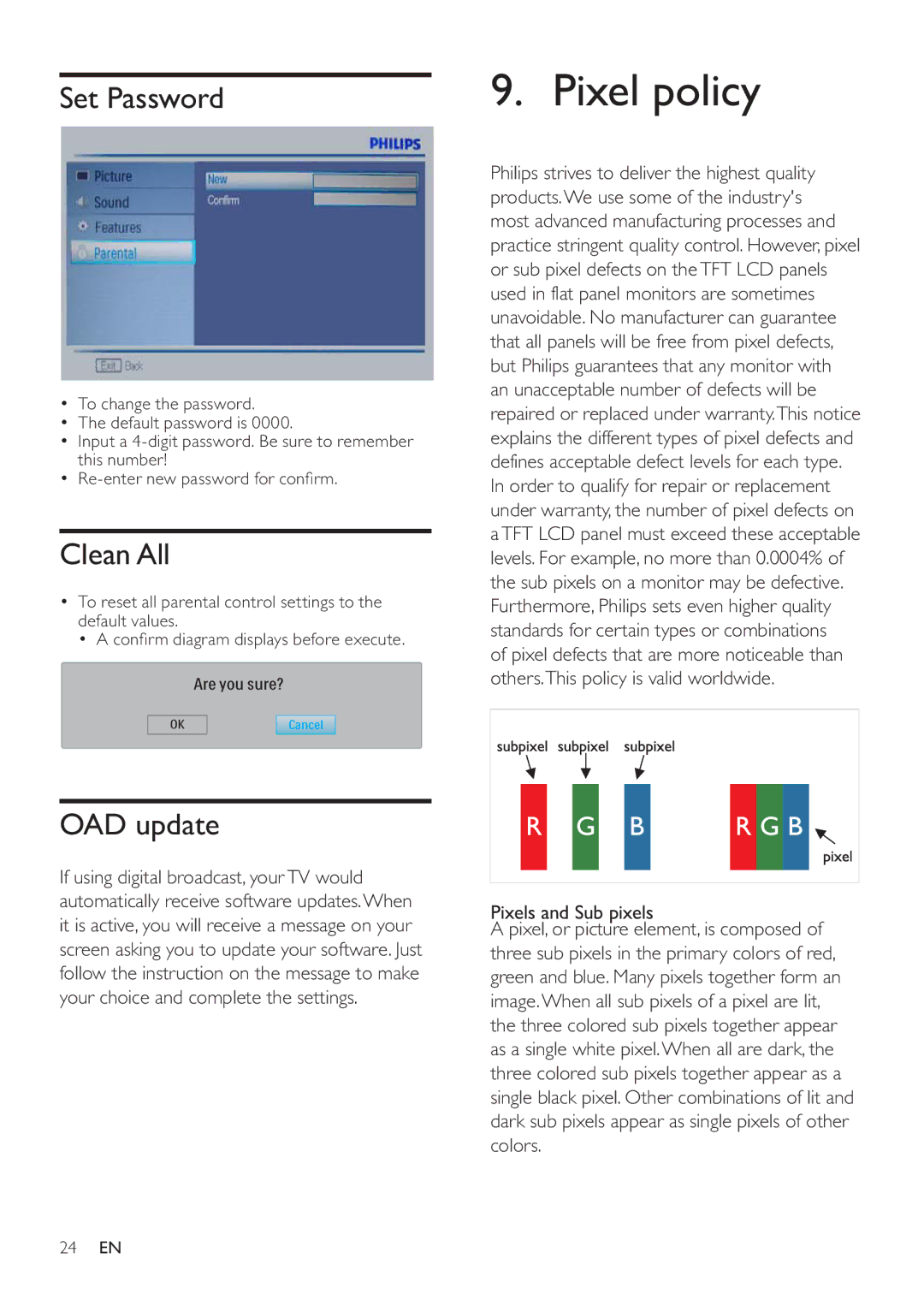 Philips 231T1L user manual Pixel policy, Set Password, Clean All, OAD update, Pixels and Sub pixels 