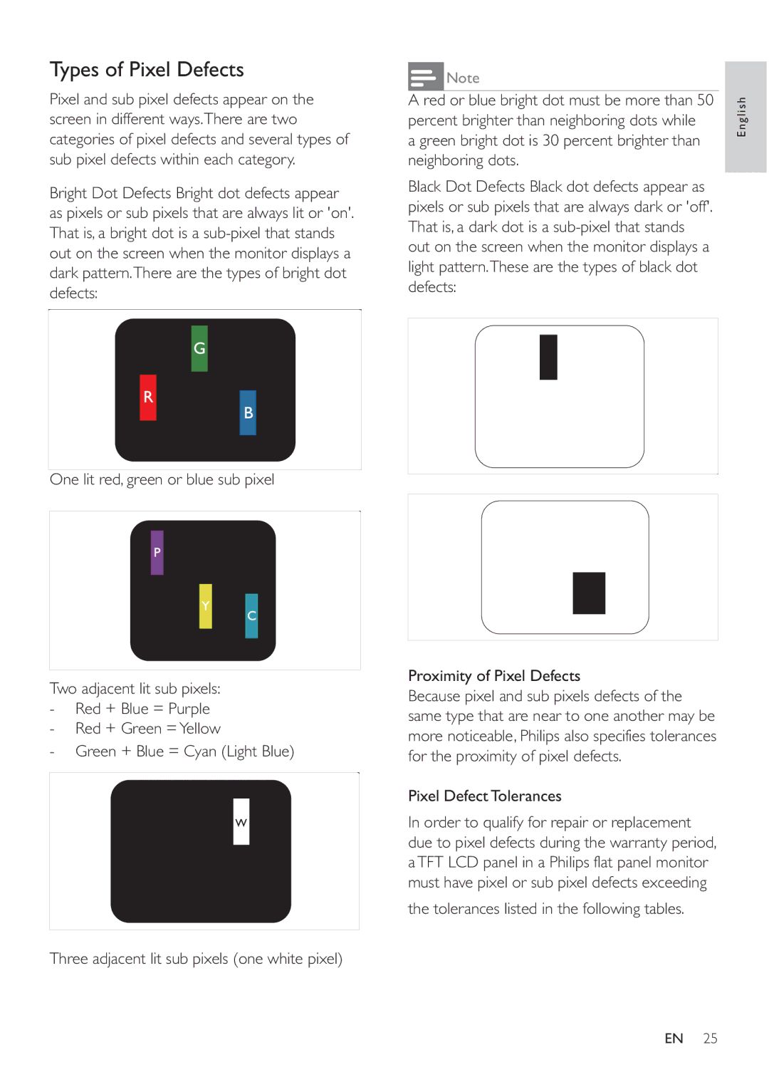 Philips 231T1L user manual Proximity of Pixel Defects, Pixel Defect Tolerances, Tolerances listed in the following tables 