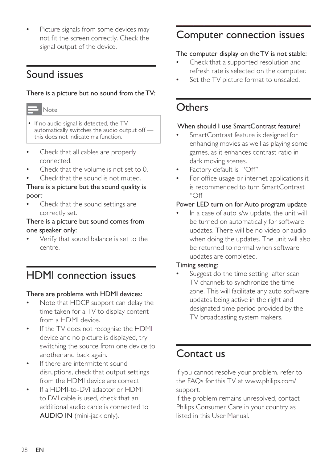 Philips 231T1L user manual Sound issues, Hdmi connection issues, Computer connection issues, Others, Contact us 