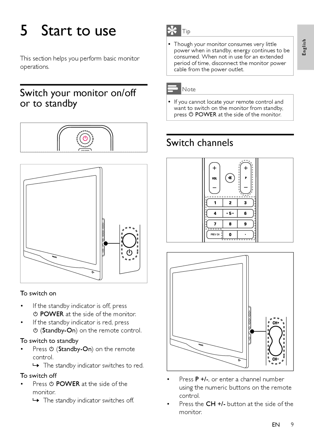 Philips 221TE4L, 231TE4L user manual Start to use, Switch your monitor on/off or to standby, Switch channels 