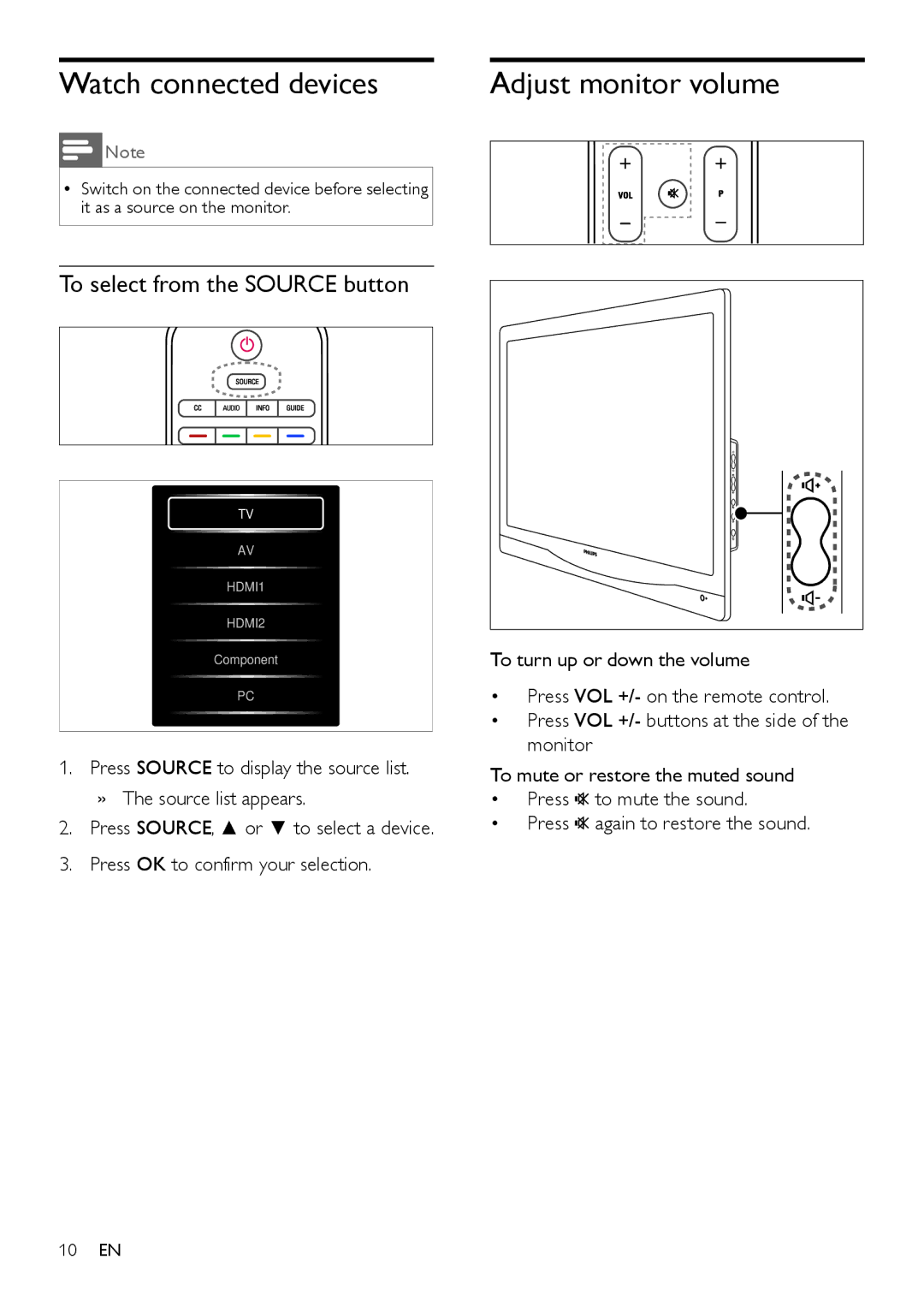 Philips 231TE4L, 221TE4L user manual Watch connected devices, Adjust monitor volume 