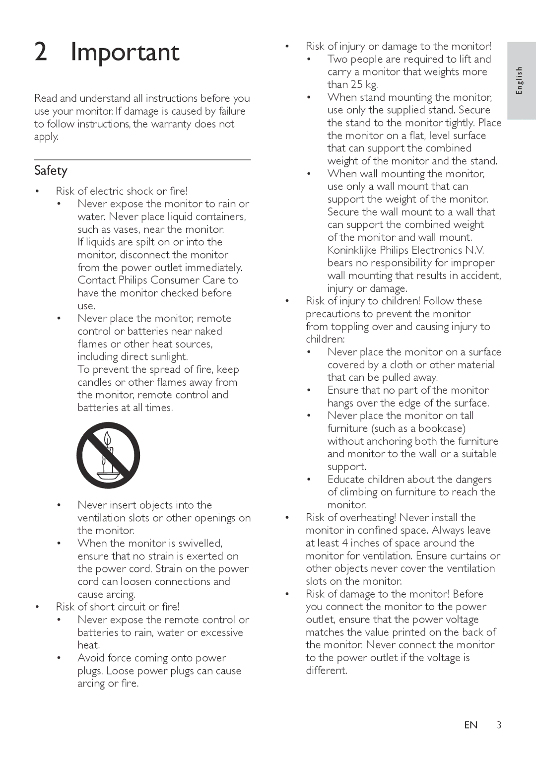 Philips 221TE4L, 231TE4L user manual Safety, Risk of electric shock or fire 