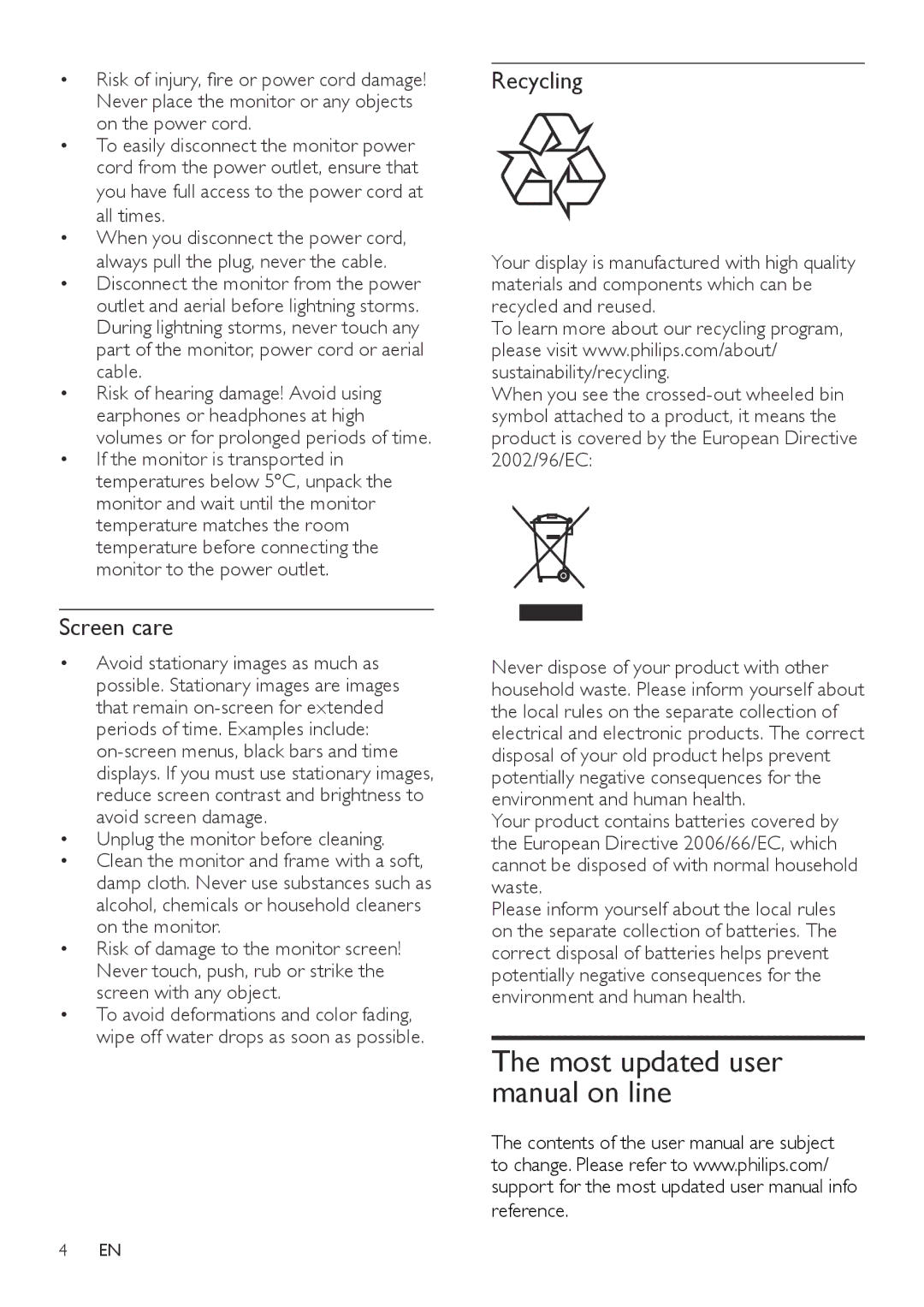 Philips 231TE4L, 221TE4L user manual Screen care, Unplug the monitor before cleaning 