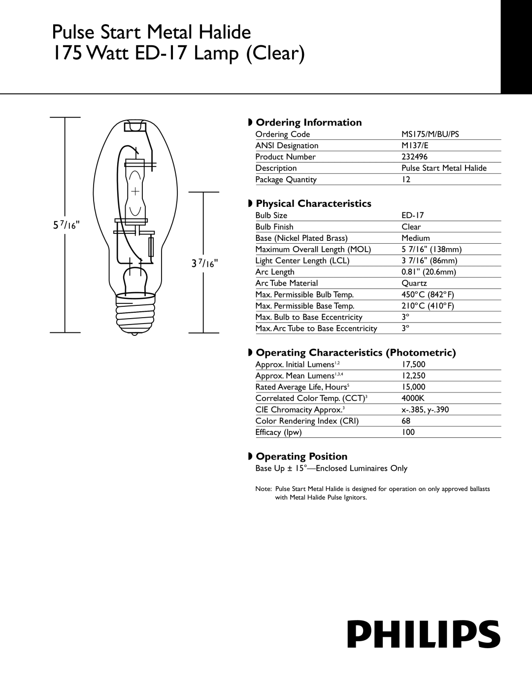 Philips 232496 manual Ordering Information, Physical Characteristics, Operating Characteristics Photometric 