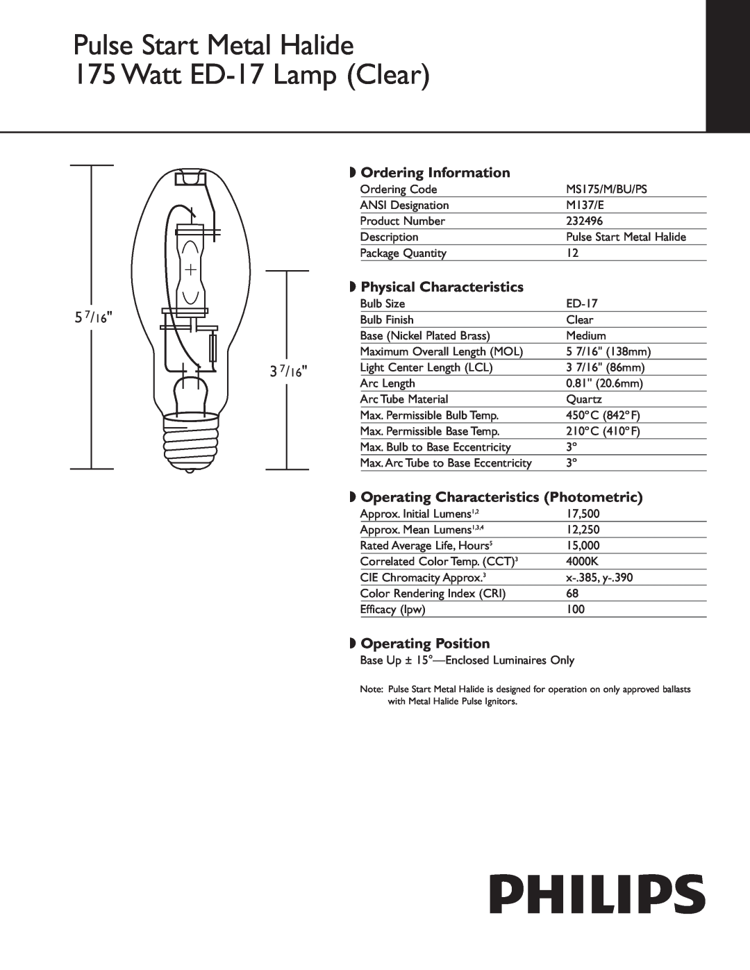 Philips 232496 manual Pulse Start Metal Halide 175 Watt ED-17Lamp Clear, 5 7/16, 3 7/16, Ordering Information 