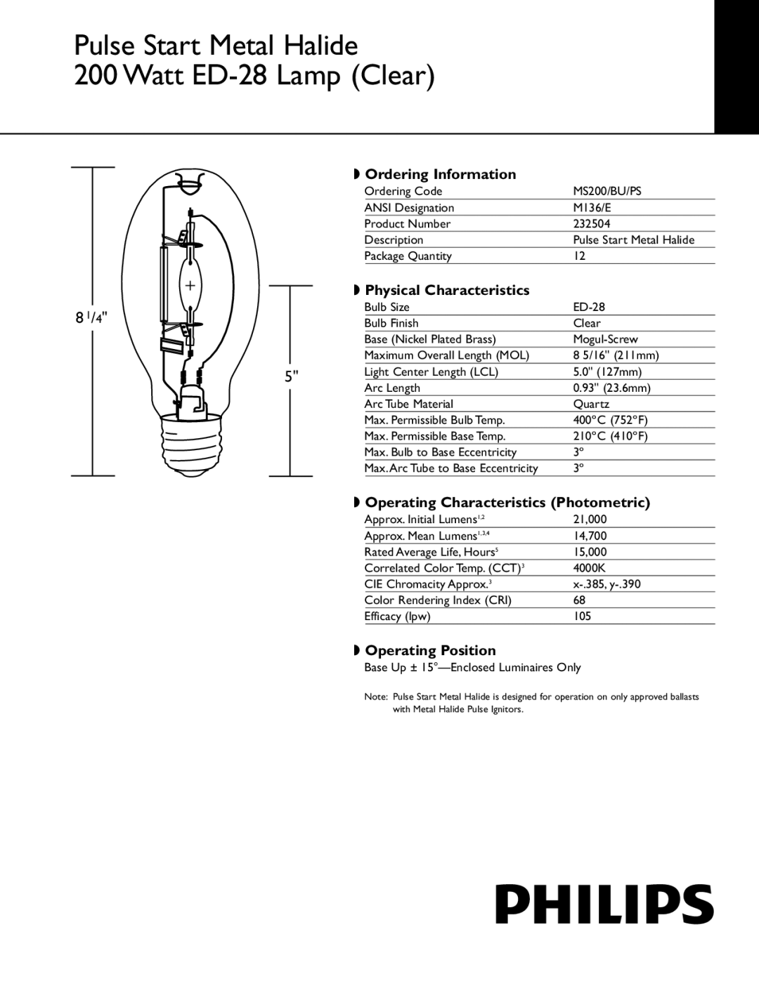 Philips 232504 manual Ordering Information, Physical Characteristics, Operating Characteristics Photometric 