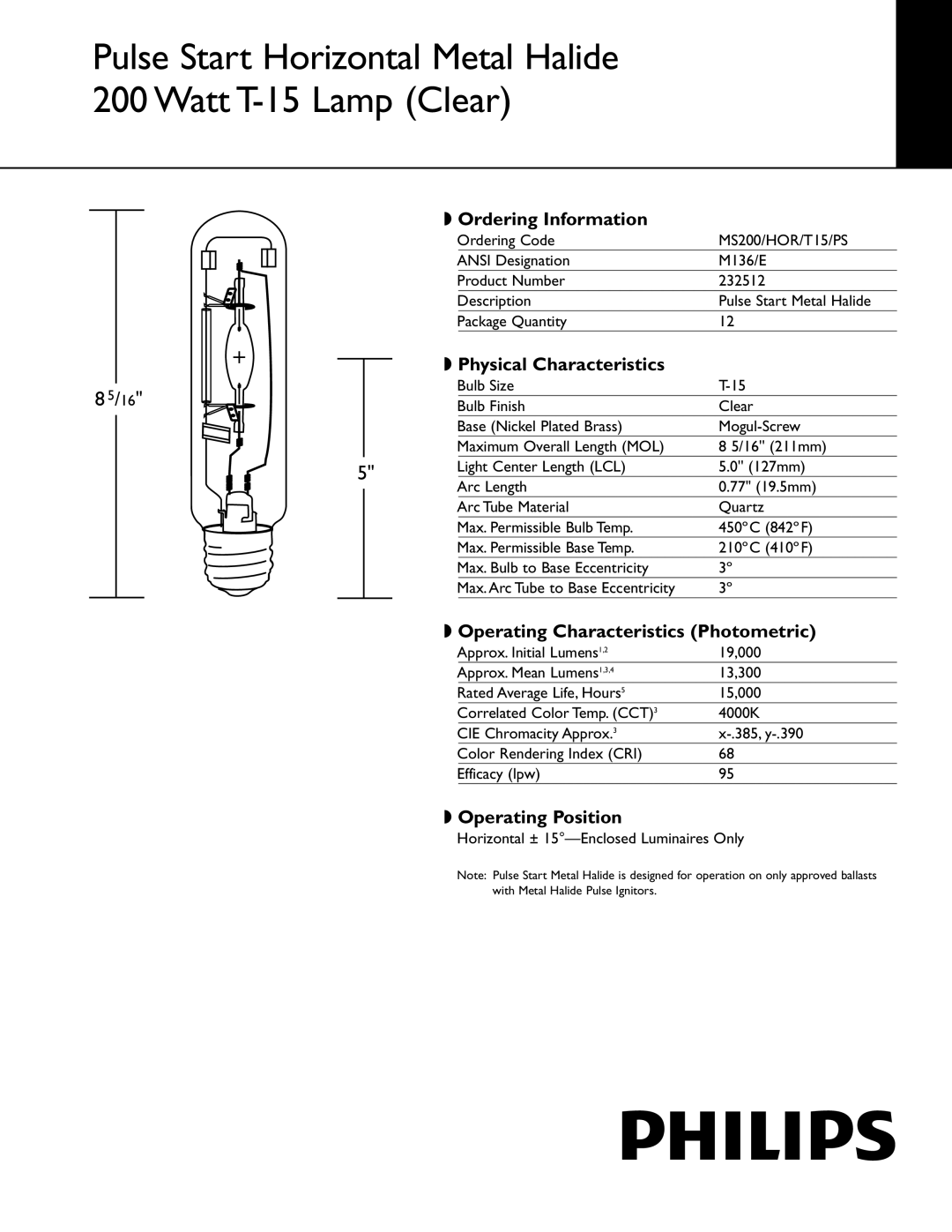 Philips 232512 manual Ordering Information, Physical Characteristics, Operating Characteristics Photometric 