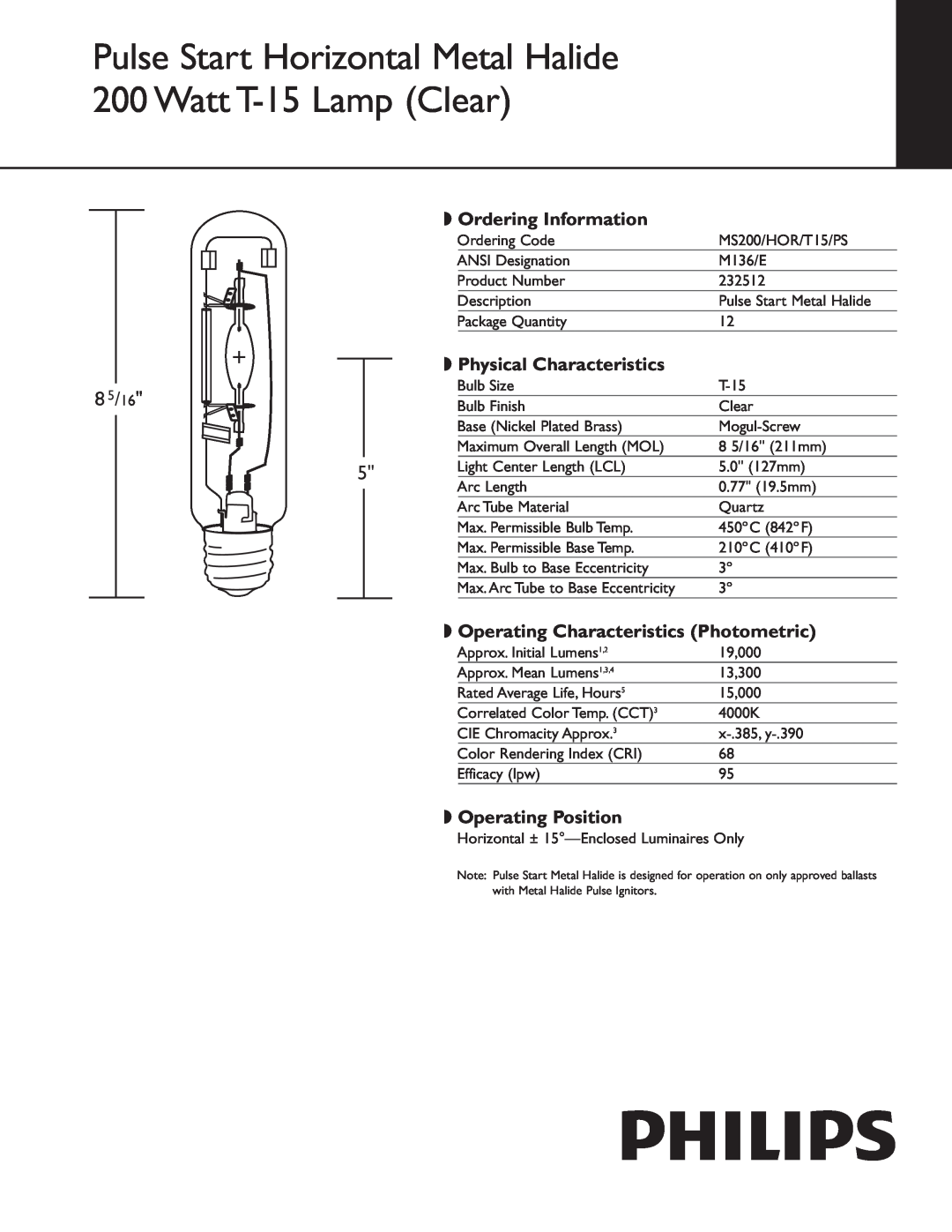 Philips 232512 manual 8 5/16, Ordering Information, Physical Characteristics, Operating Characteristics Photometric 