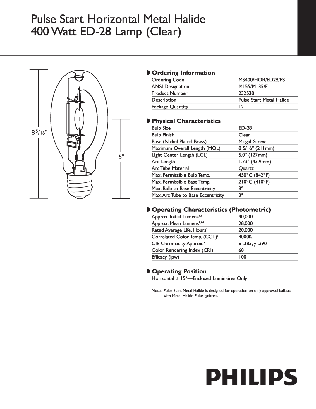 Philips 232538 manual 8 5/16, Ordering Information, Physical Characteristics, Operating Characteristics Photometric 