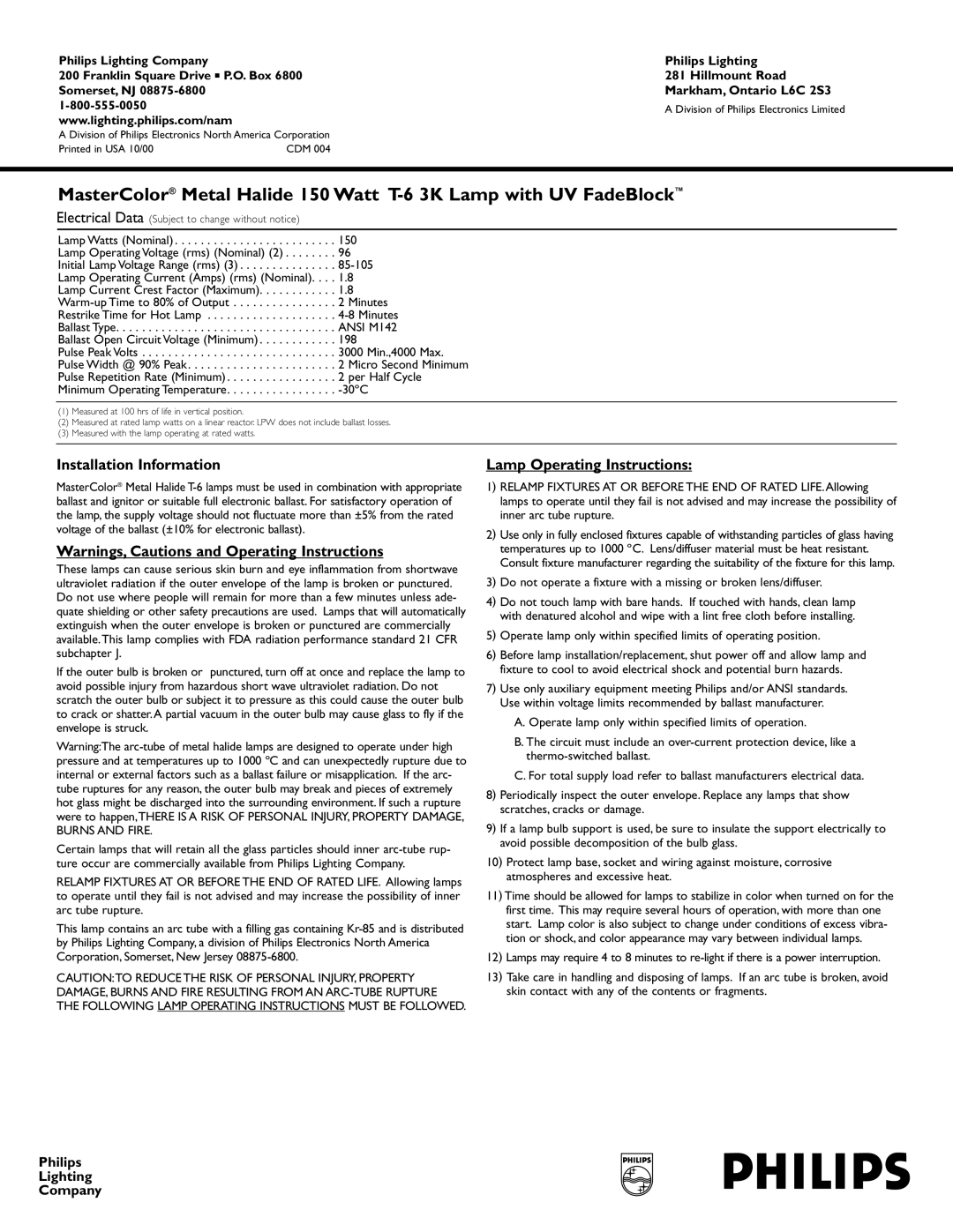 Philips 232728 manual Installation Information, Lamp Operating Instructions 