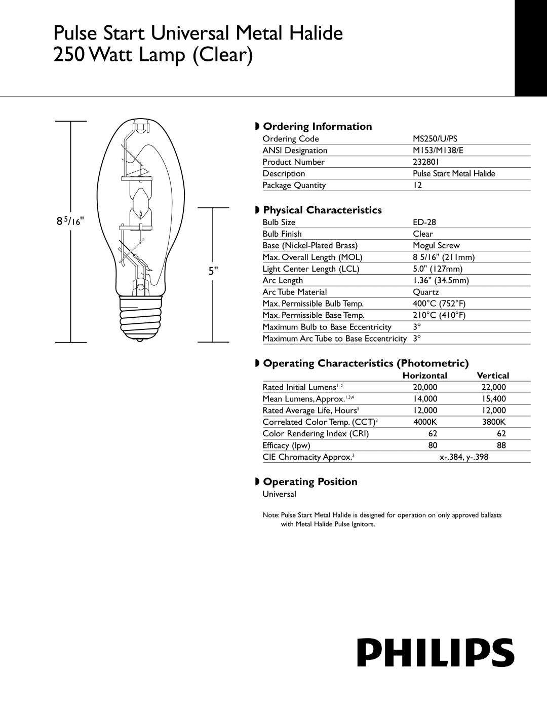 Philips 232801 manual Ordering Information, Physical Characteristics, Operating Characteristics Photometric 