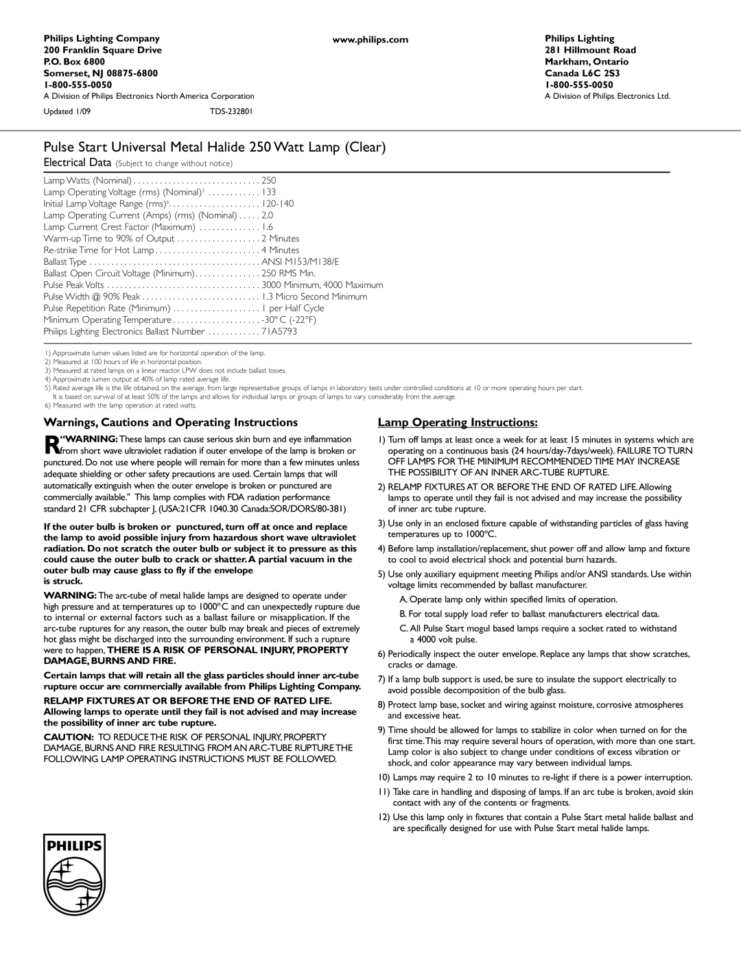 Philips 232801 manual Lamp Operating Instructions 