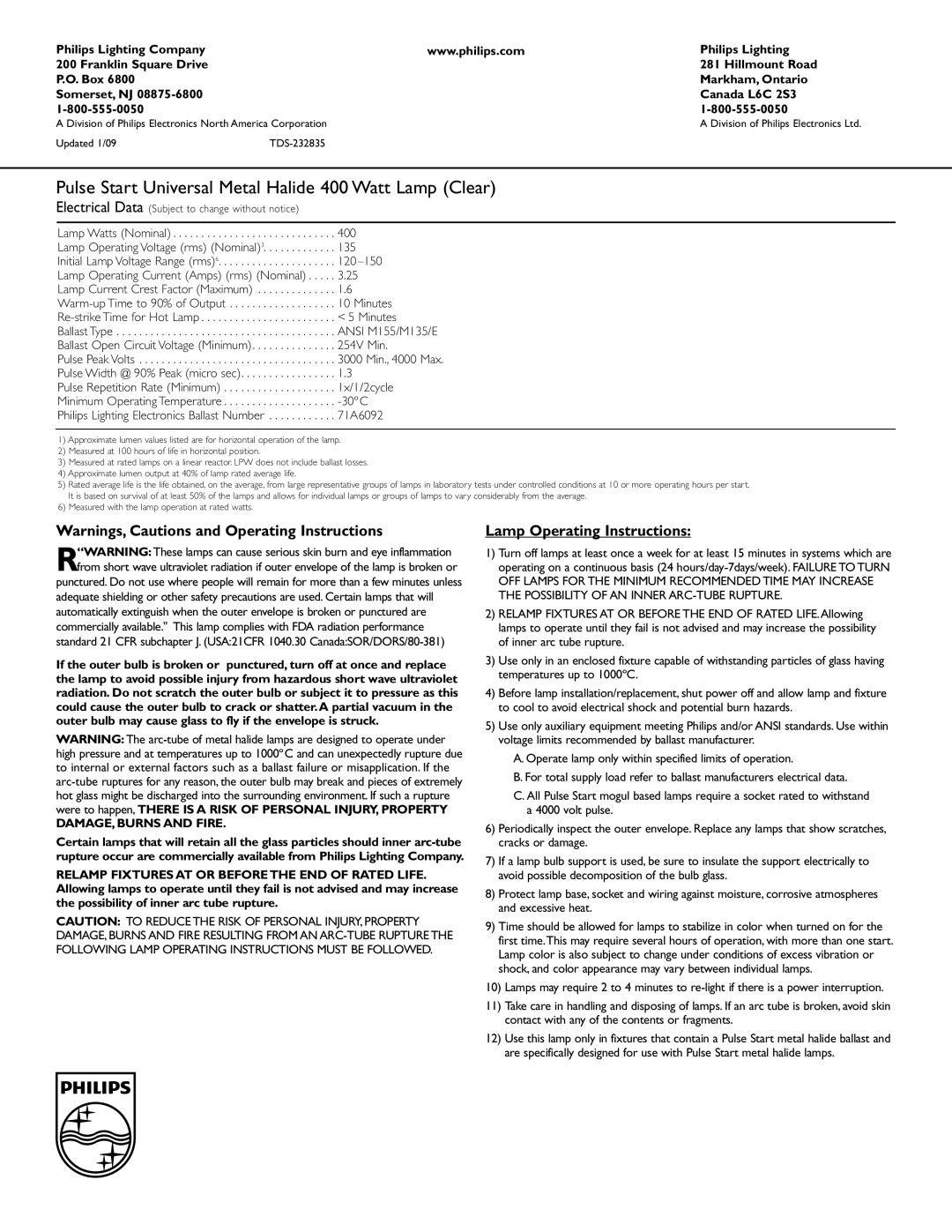 Philips 232835 manual Lamp Operating Instructions 