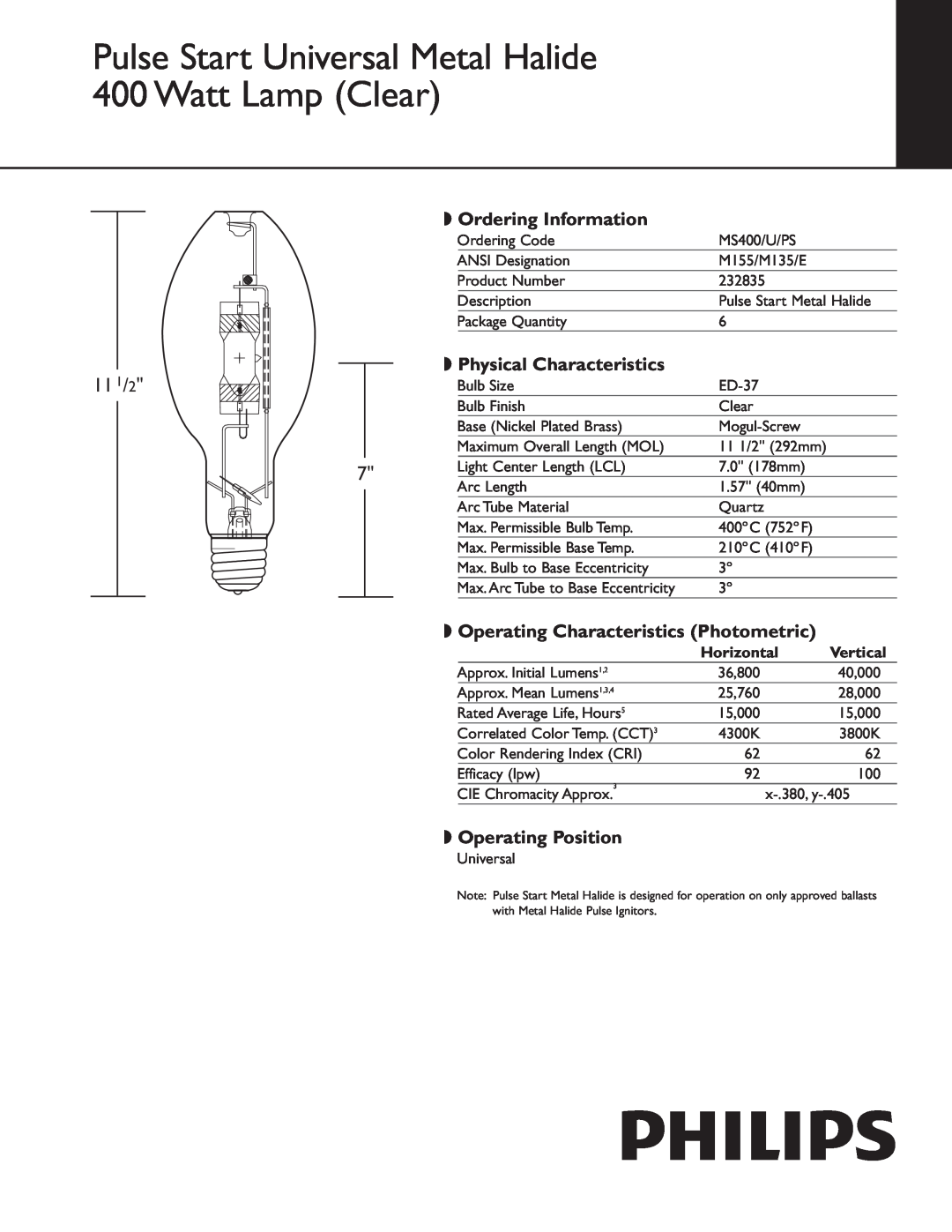 Philips 232835 manual Horizontal, Vertical, 11 1/2, Ordering Information, Physical Characteristics, Operating Position 