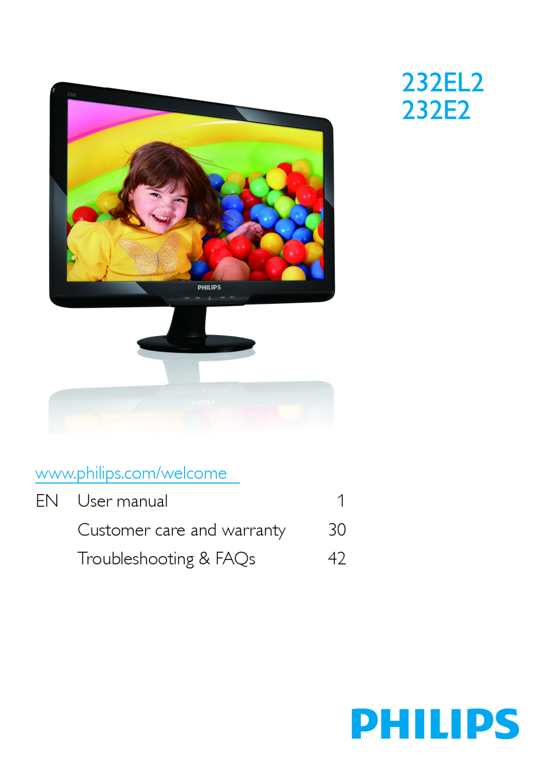 Philips 2.32E+04 user manual Troubleshooting & FAQs, 232EL2 232E2, Customer care and warranty 