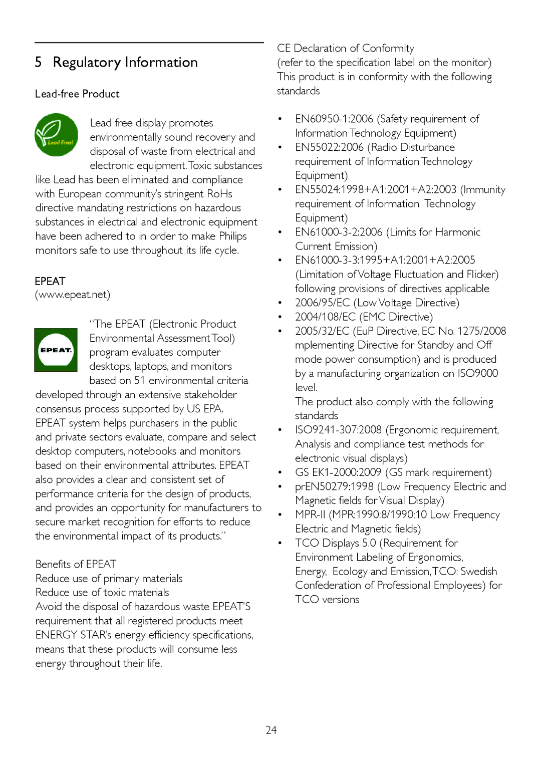 Philips 232EL2 Lead-free Product, Epeat Electronic Product, Benefits of Epeat, GS EK1-20002009 GS mark requirement 