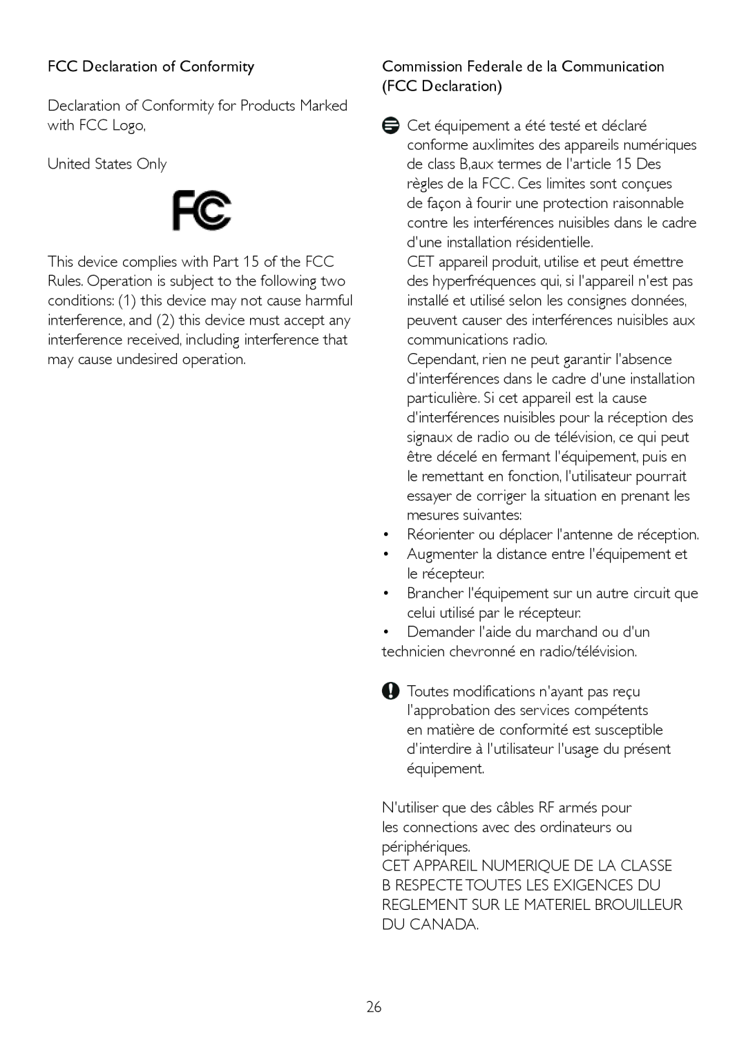 Philips 232EL2, 2.32E+04 user manual Commission Federale de la Communication FCC Declaration 