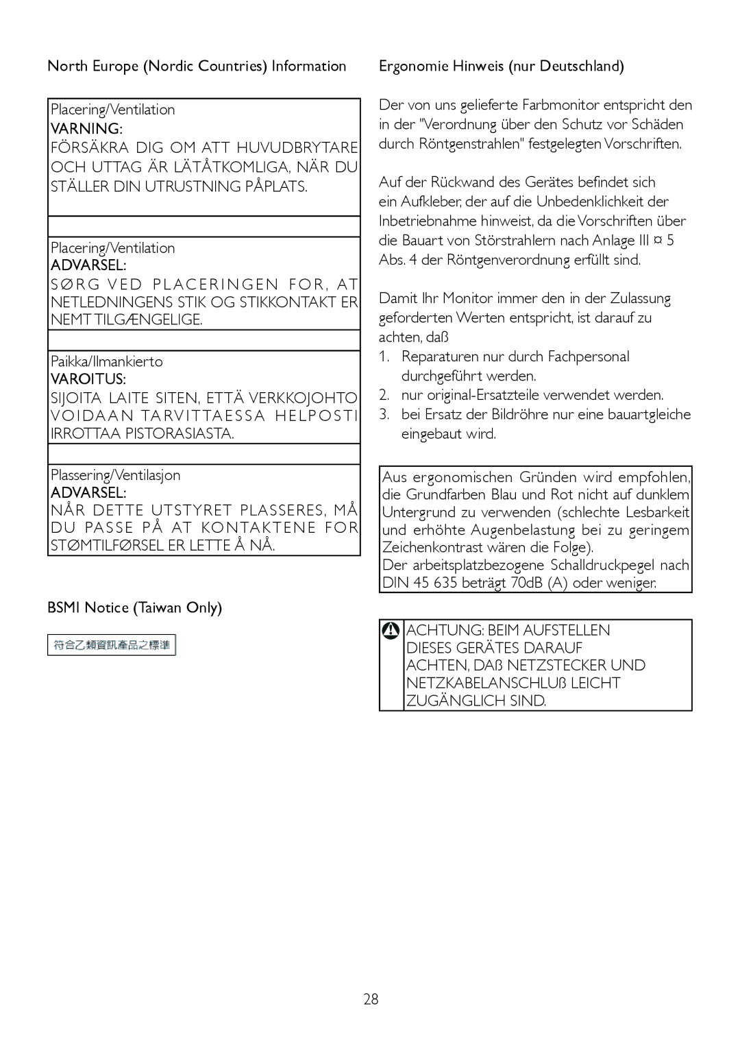 Philips 232EL2, 2.32E+04 user manual Paikka/Ilmankierto, Varoitus, Plassering/Ventilasjon, Achtung Beim Aufstellen 