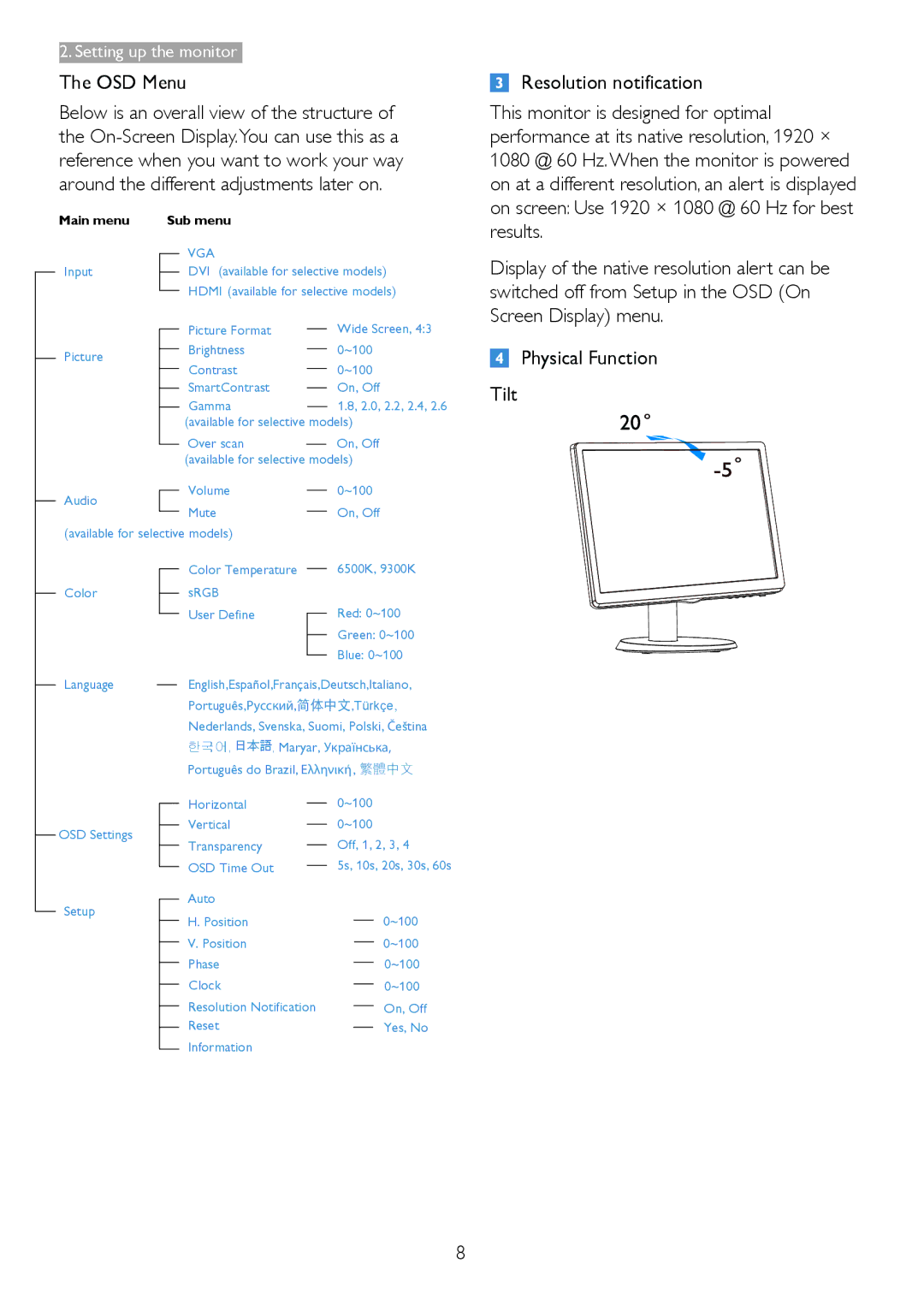 Philips 233V5LHAB, 233V5LAB user manual OSD Menu, Main menu Sub menu 