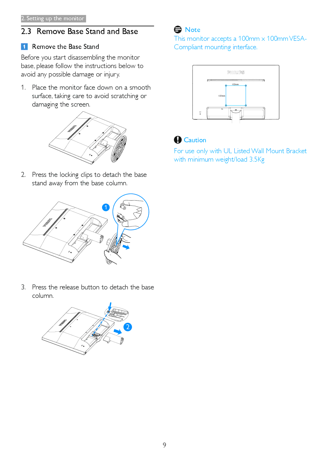 Philips 233V5 Remove Base Stand and Base, Remove the Base Stand, Press the release button to detach the base column 