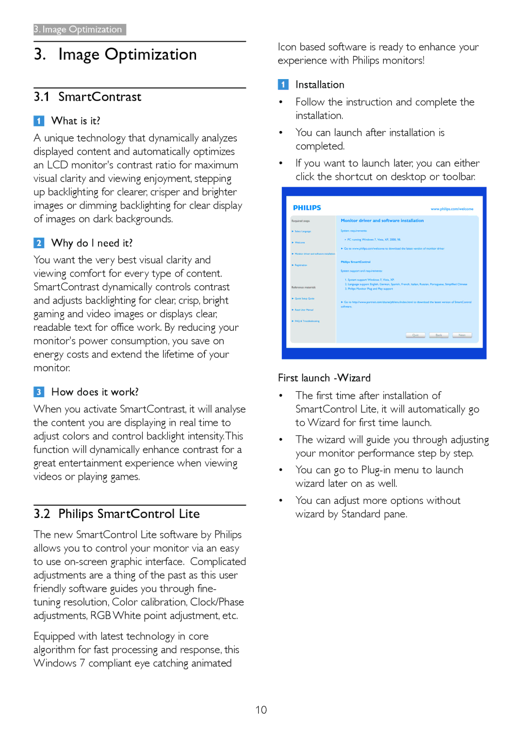 Philips 233V5LAB, 233V5LHAB user manual Image Optimization, SmartContrast, Philips SmartControl Lite 