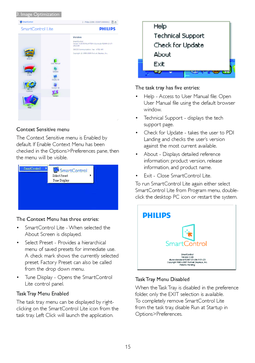 Philips 233V5LAB, 233V5LHAB user manual Context Sensitive menu, Exit Close SmartControl Lite, Task Tray Menu Disabled 