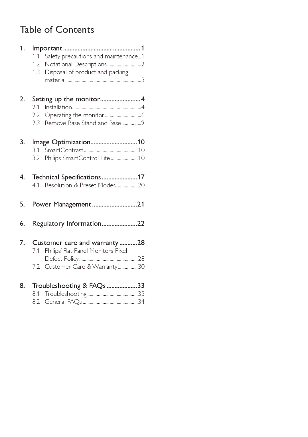 Philips 233V5LAB, 233V5LHAB user manual Table of Contents 