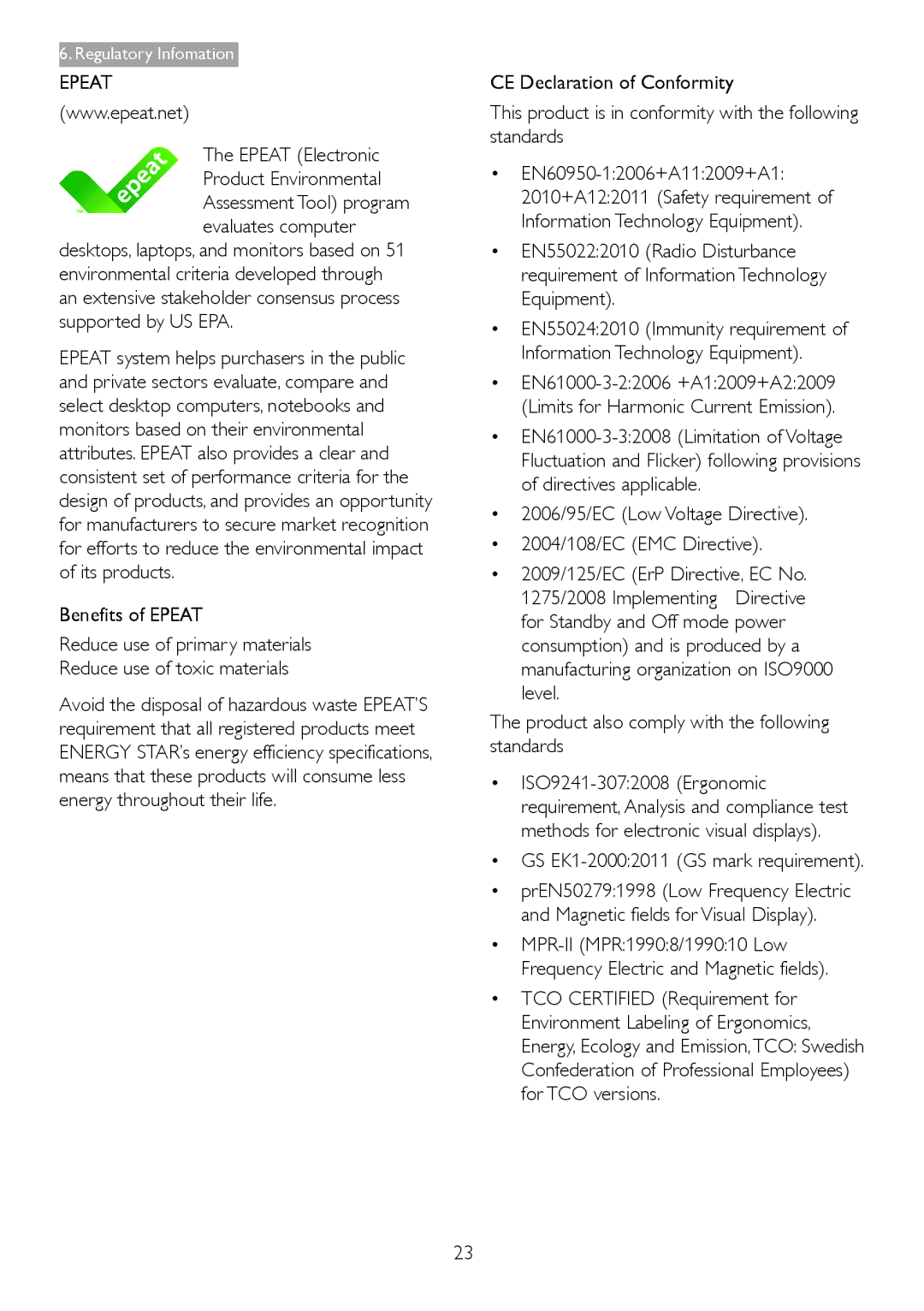 Philips 233V5LHAB, 233V5LAB user manual Epeat Electronic Product Environmental, GS EK1-20002011 GS mark requirement 