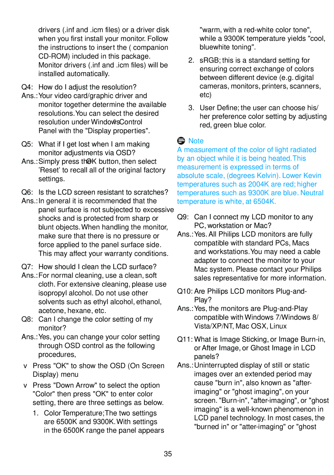 Philips 233V5LHAB, 233V5LAB user manual Q7 How should I clean the LCD surface?, Q10 Are Philips LCD monitors Plug-and- Play? 