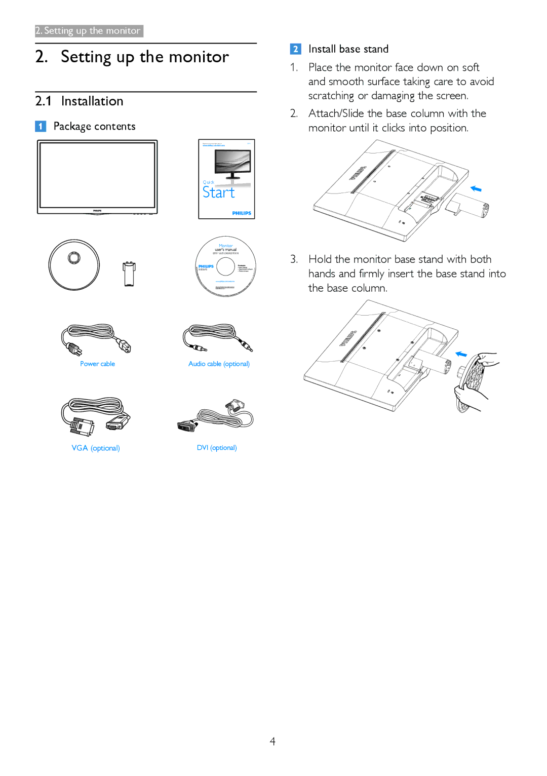 Philips 233V5LAB, 233V5LHAB user manual Setting up the monitor, Installation, Package contents, Install base stand 