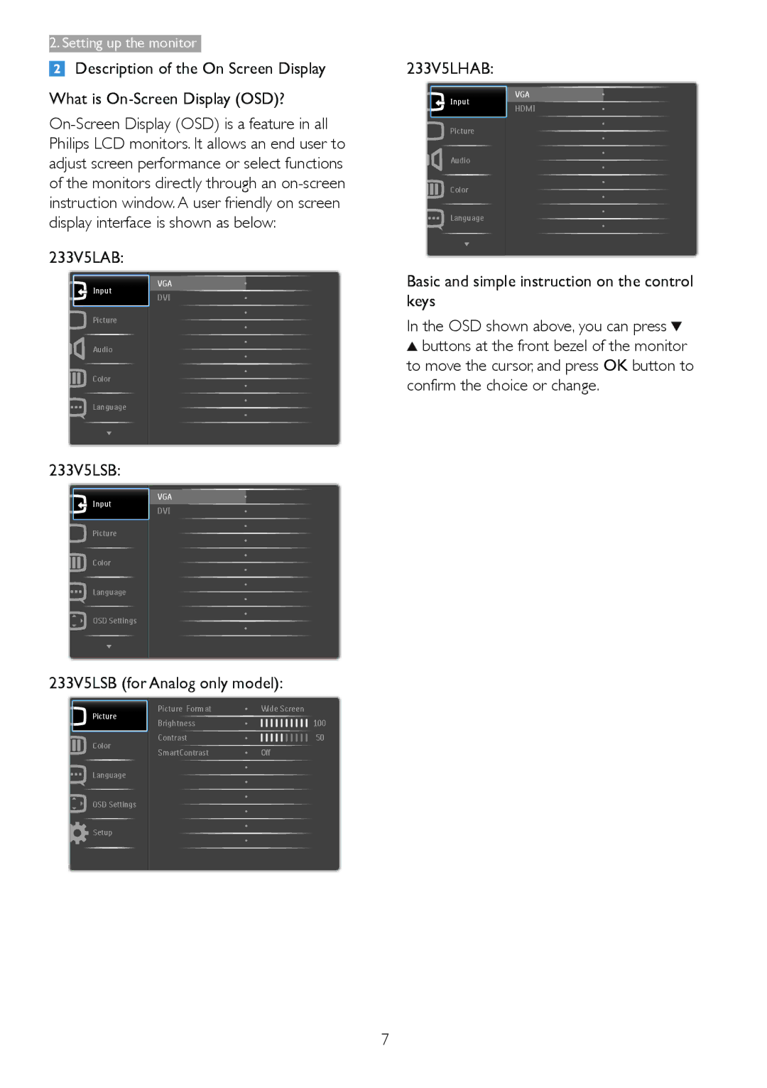 Philips 233V5LAB user manual 233V5LSB for Analog only model, 233V5LHAB, Basic and simple instruction on the control keys 