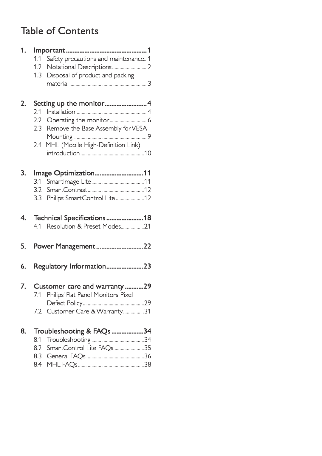 Philips 2.34E+07 user manual Table of Contents 