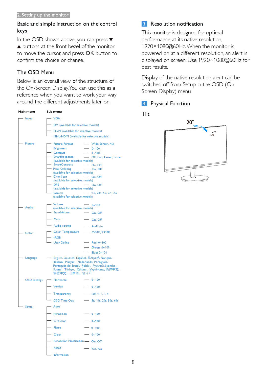 Philips 2.34E+07 user manual Basic and simple instruction on the control keys, OSD Menu, Tilt 