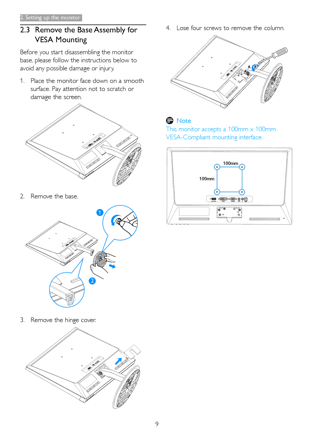 Philips 2.34E+07 user manual Remove the Base Assembly for Vesa Mounting 