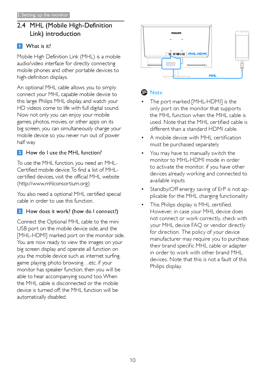 Philips 2.34E+07 user manual MHL Mobile High-Definition Link introduction, What is it?, How do I use the MHL function? 