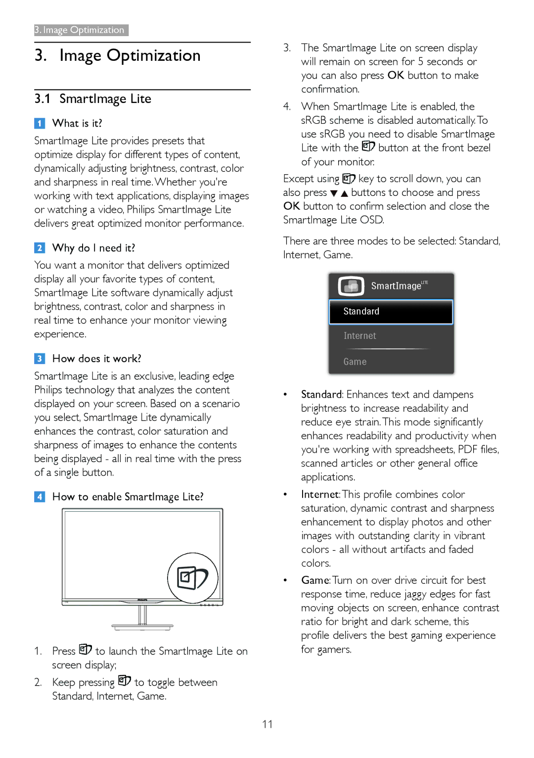 Philips 2.34E+07 user manual Image Optimization, SmartImage Lite, Why do I need it?, How does it work? 