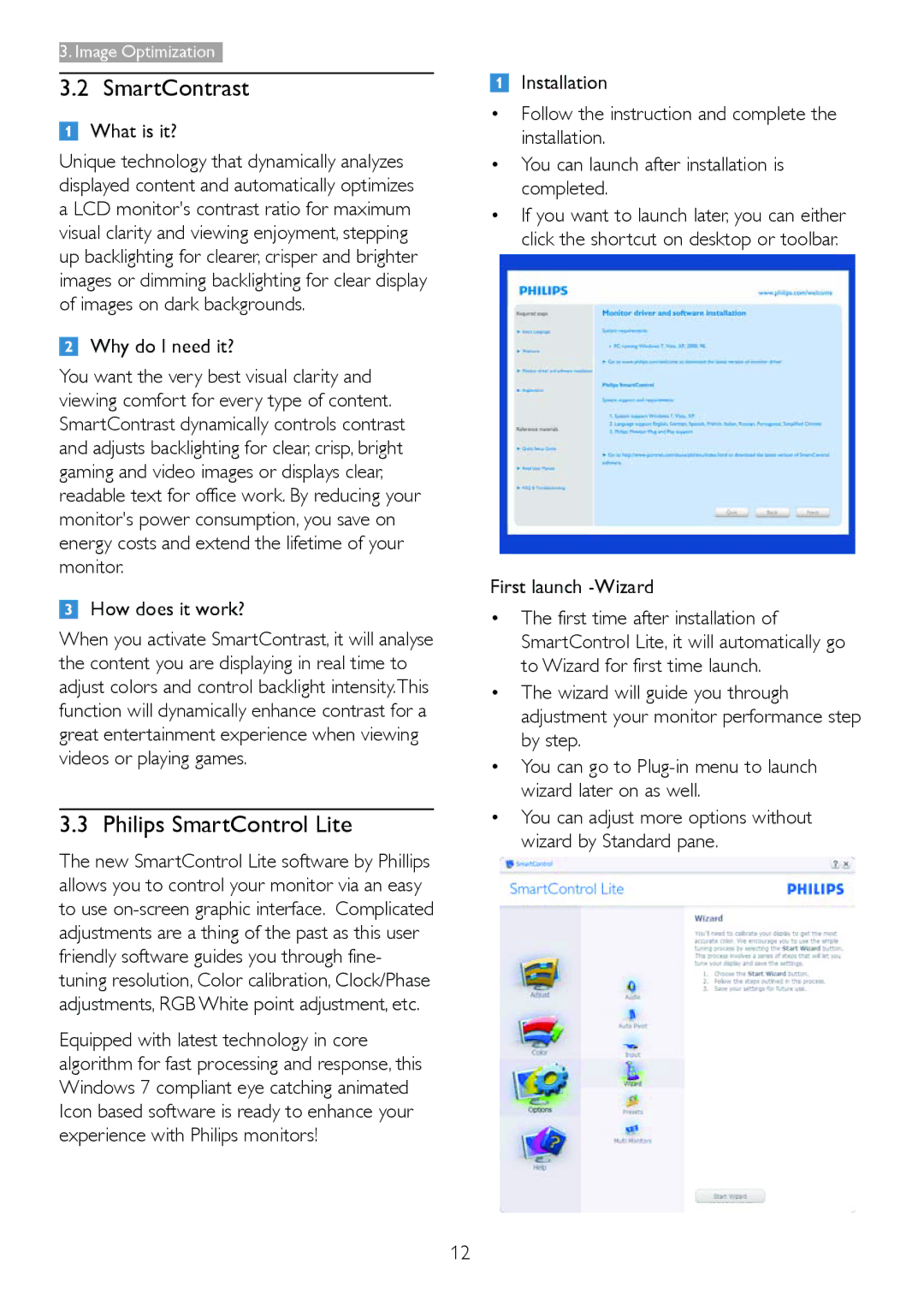 Philips 2.34E+07 user manual SmartContrast, Philips SmartControl Lite, First launch -Wizard 