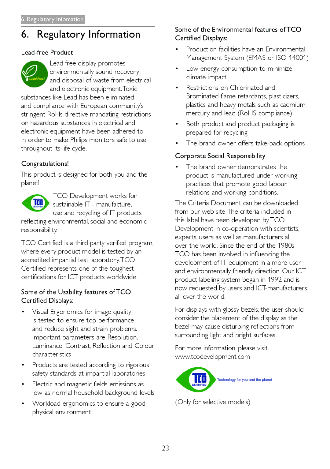 Philips 2.34E+07 user manual Regulatory Information, Lead-free Product, Low energy consumption to minimize climate impact 