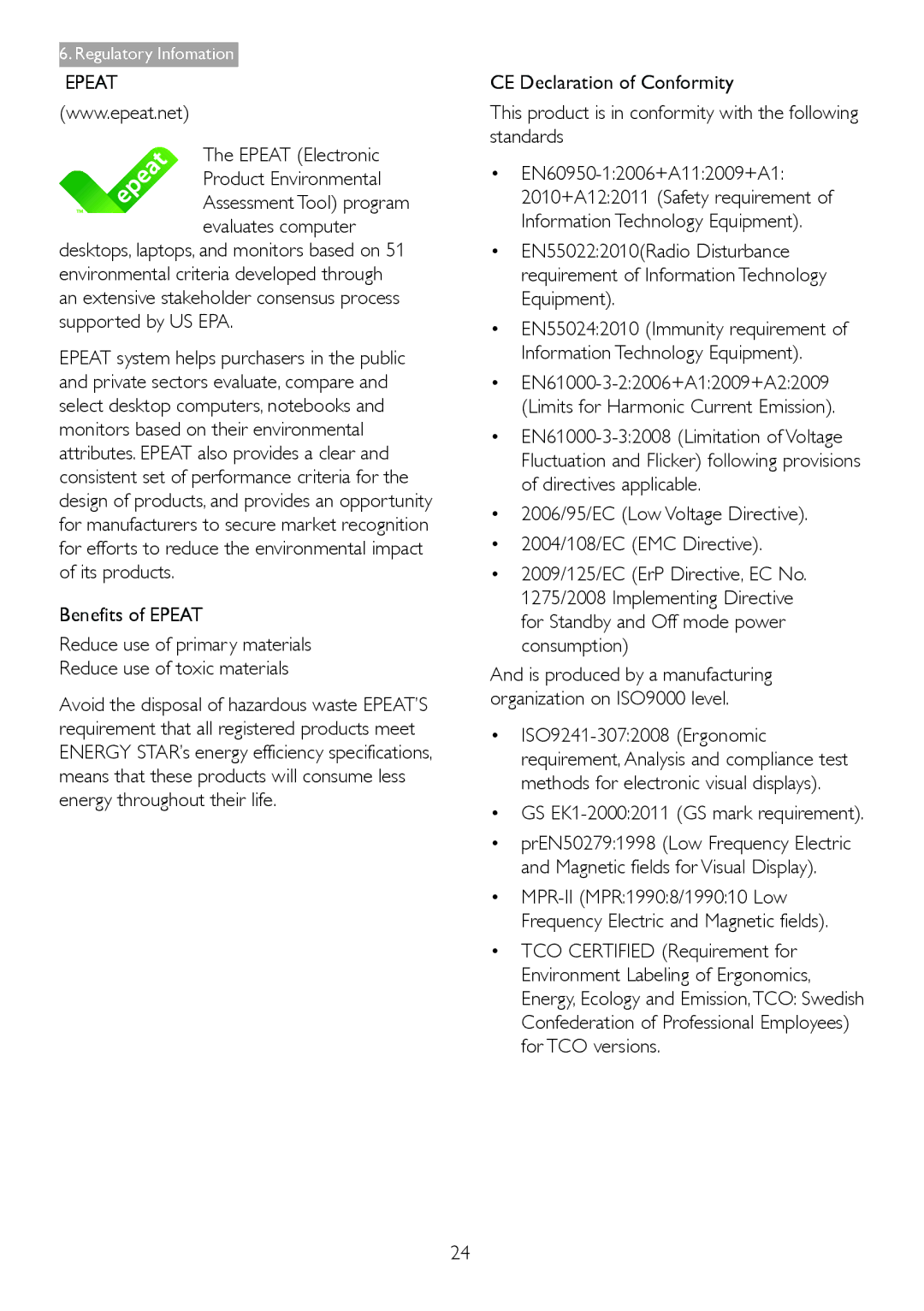 Philips 2.34E+07 user manual Epeat Electronic Product Environmental, GS EK1-20002011 GS mark requirement 