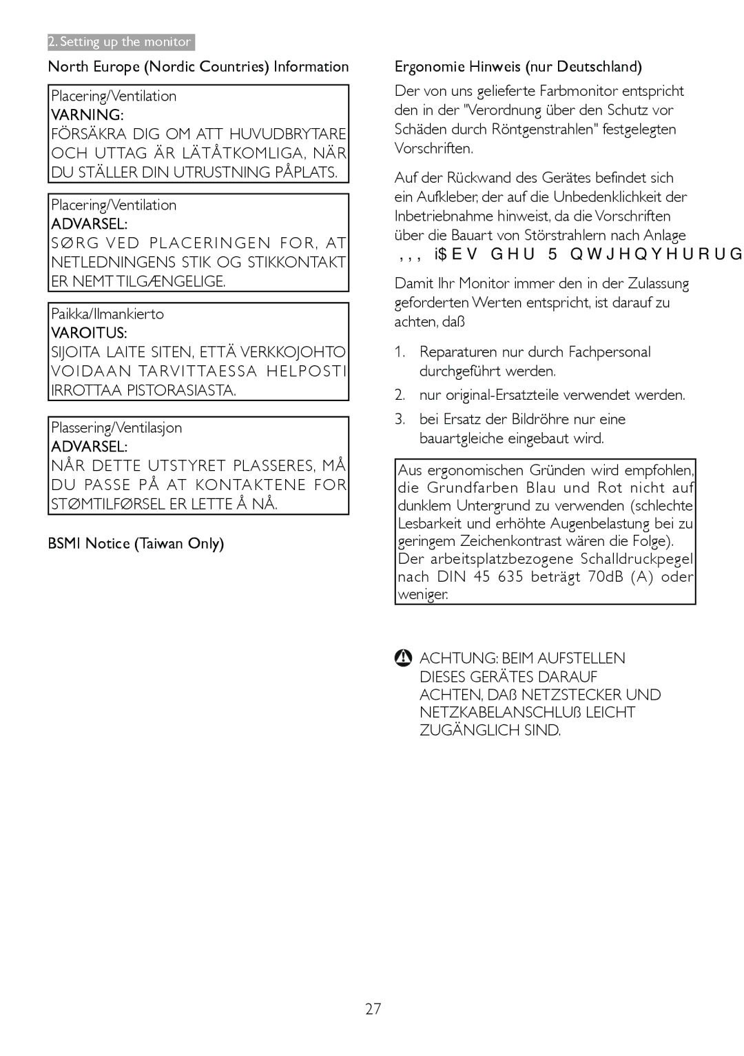 Philips 2.34E+07 Paikka/Ilmankierto, Plassering/Ventilasjon, Bsmi Notice Taiwan Only Ergonomie Hinweis nur Deutschland 