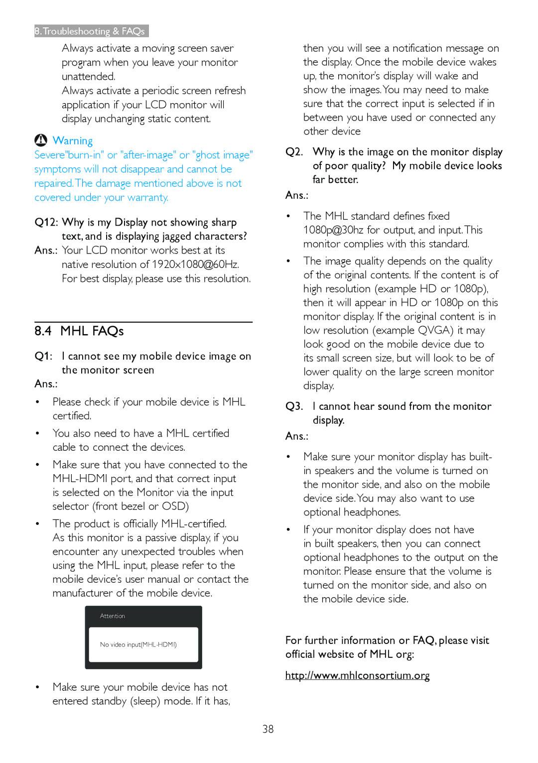 Philips 2.34E+07 user manual MHL FAQs, Q3. I cannot hear sound from the monitor display Ans 